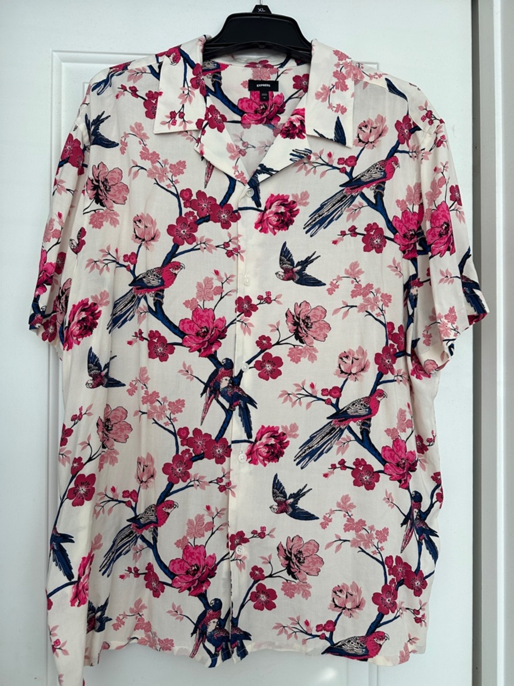 Express Floral & Bird Print Button-Down Shirt in White, Pink, Navy